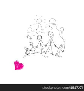 I love my family. Sketch funny image of happy parents and children