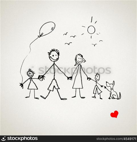 I love my family. Sketch funny image of happy parents and children