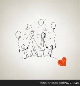 I love my family. Sketch funny image of happy parents and children
