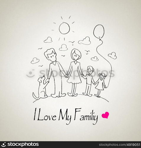 I love my family. Sketch funny image of happy parents and children