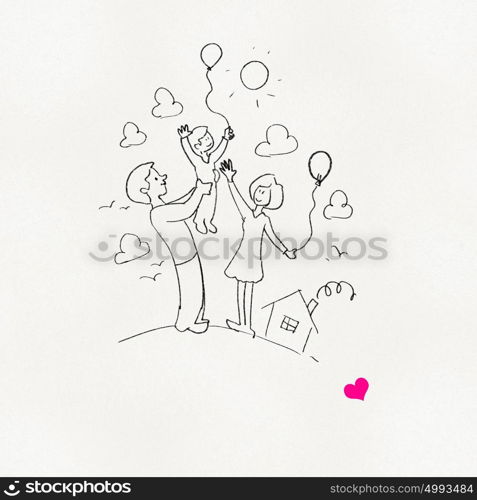 I love my family. Sketch funny image of happy parents and children