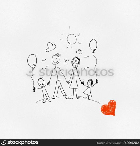 I love my family. Sketch funny image of happy parents and children