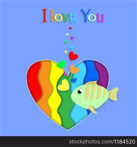 I love you paper cut fish flow on rainbow heart background with heart shaped bubbles. Lgbt gay lesbian pride Happy Saint Valentines Day Papercut Greeting card with typography. 3d Illustration. I love you paper cut fish on rainbow heart card