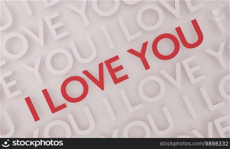 I love you, red text pop up on white wall background. 3D rendering.