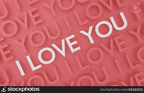 I love you, text pop up on red wall background. 3D rendering.