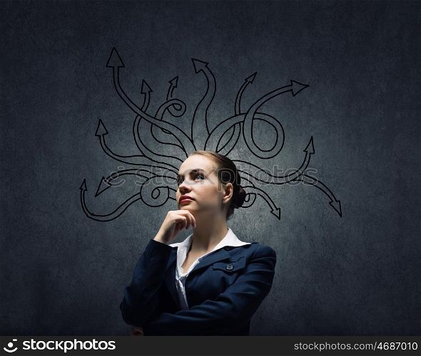 I need to find answer. Young pensive businesswoman and thoughts coming out of her head