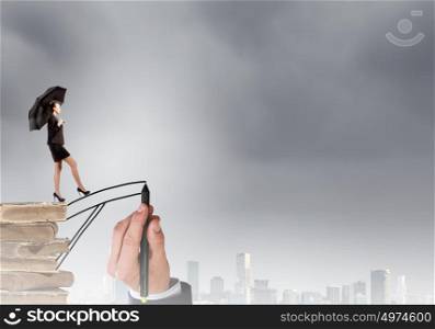 I&rsquo;m not afraid to make next step. Young businesswoman walking on hand drawn bridge