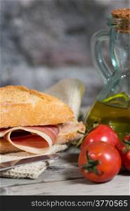Iberico ham sandwich with homemade bread baked in wood oven