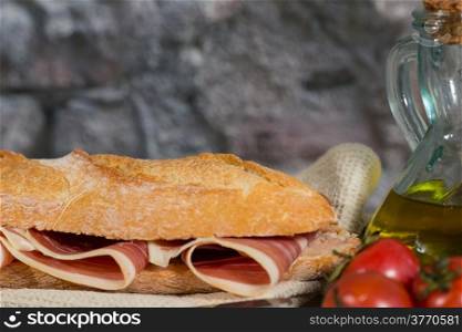 Iberico ham sandwich with homemade bread baked in wood oven