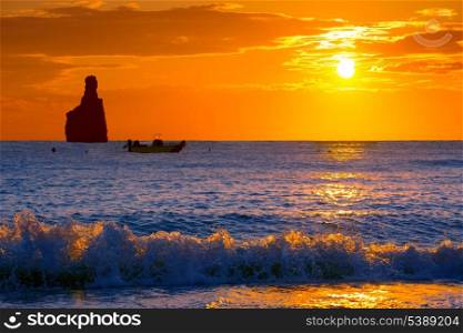 Ibiza Cala Benirras sunset beach in san Juan at Balearic Islands Spain