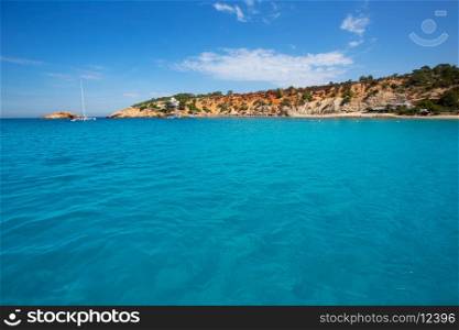 Ibiza Cala dHort d Hort view from boat in Balearic Islands
