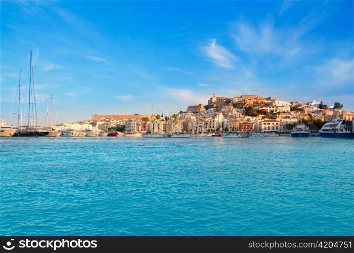 Ibiza Eivissa town with blue Mediterranean sea city view