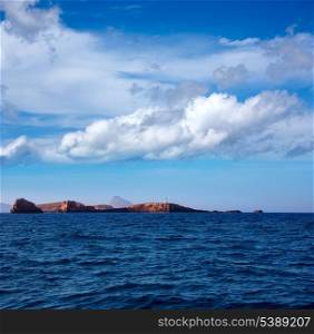 Ibiza Islas bledas Bledes islands with lighthouse from Mediterranean sea of Balearic Islands
