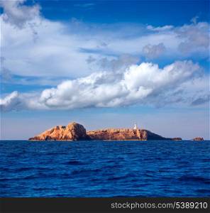 Ibiza Islas bledas Bledes islands with lighthouse from Mediterranean sea of Balearic Islands