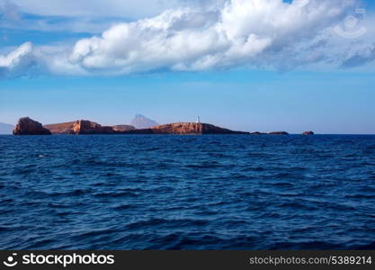 Ibiza Islas bledas Bledes islands with lighthouse from Mediterranean sea of Balearic Islands