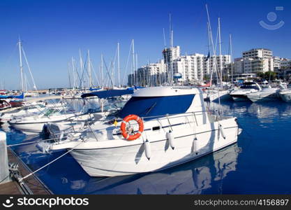 Ibiza San antonio Abad boats marina port in blue summer day at Spain