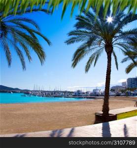 Ibiza Sant antoni de Portmany Abad beach with palm trees