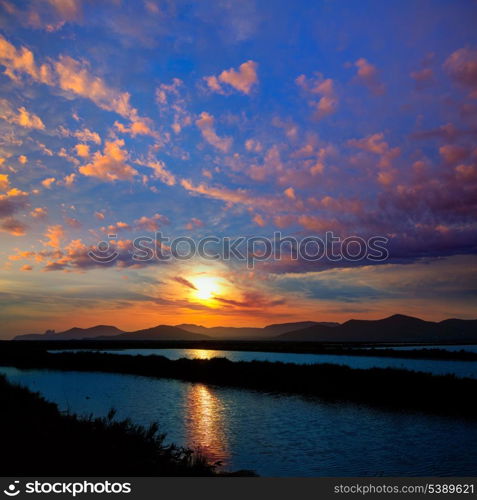 Ibiza ses Salines saltworks at sunset in Sant Josep at Balearic Islands of Spain