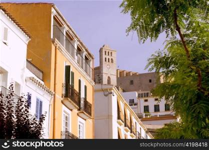 Ibiza town Eivissa houses and hig up church in balearic islands