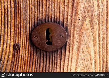 Ibiza traditional rusted iron key hole on weathered wood