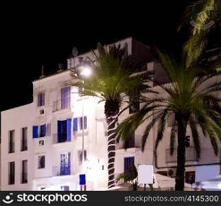 Ibiza white houses in night with palm trees from Eivissa town