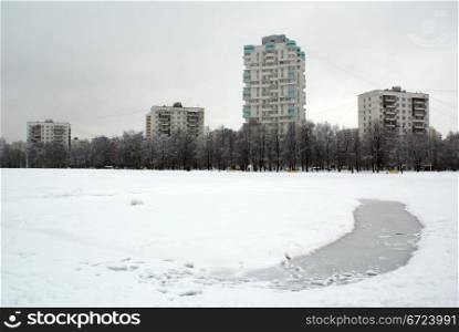 Ice and snow on the lake in Moscow, Russia