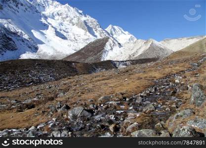 Ice and water in small river near Manaslu mount in Nepal