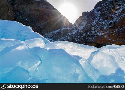 Ice blocks in the sun at Frozen Lake Baikal, Russia
