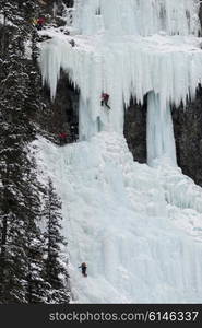 Ice climbers on frozen waterfall, Lake Louise, Banff National Park, Alberta, Canada