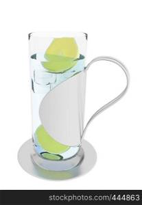 Ice cold glass of lemonade, lemon juice or water, 3d illustration, isolated against a white background. In a modern grey stainless steel handle and bottom glass.
