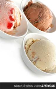 Ice Cream Assortment In White Bowls,Close Up