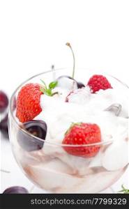 ice cream, cherries, raspberries and strawberries isolated on white