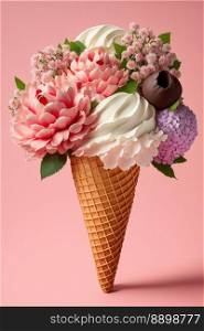 Ice cream cone and flowers on a pink background. Creative concept. Flat lay, top view, copy space. Generative AI