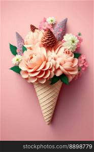 Ice cream cone and flowers on a pink background. Creative concept. Flat lay, top view, copy space. Generative AI