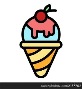 Ice cream cone with cherry icon. Outline ice cream cone with cherry vector icon color flat isolated. Ice cream cone with cherry icon color outline vector