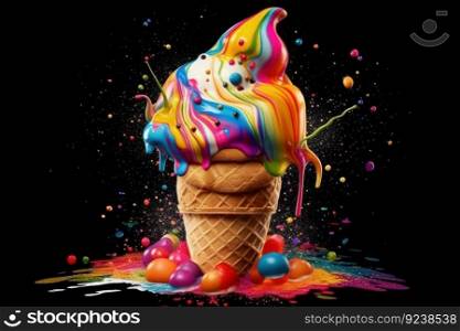 ice cream cone with red colorful splash smudges of fruit syrup generative ai.