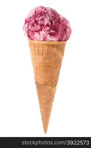 Ice cream cone with scoop of red fruits isolated on white background.