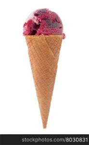 Ice cream cone with scoop of red fruits isolated on white background.