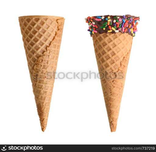 ice cream cones with chocolate and sprinkles isolated on white background