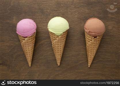 ice cream cones with flavour table. High resolution photo. ice cream cones with flavour table. High quality photo