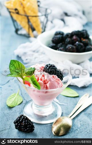 ice cream in glass bowl and on a table