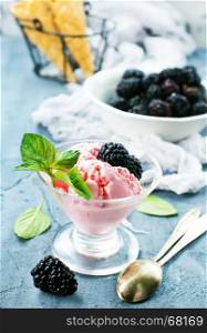 ice cream in glass bowl and on a table