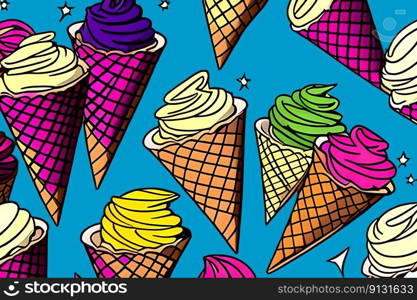 Ice cream in wafer cones. Vintage style. Generative AI