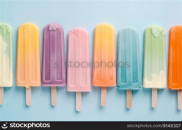 Ice cream popsicle treats on a colorful pastel background by generative AI