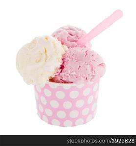 Ice cream scoop in paper cup on white background.