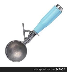 Ice cream scoop spoon with vintage blue handle isolated on white background.