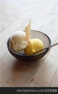 Ice cream scoops in bowl