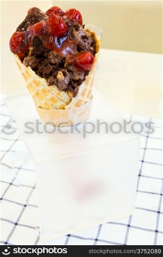 ice-cream sundae with waffle cone