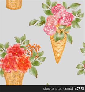 Ice cream waffle cone with floral bouquet. Ice cream. Watercolor seamless pattern with a bouquet of roses in a conical crispy waffle. Hand drawn watercolor illustration. Design for packing desserts. Ice cream waffle cone with floral bouquet. Ice cream. Watercolor seamless pattern with a bouquet of roses in a conical crispy waffle. Hand drawn watercolor illustration. Design for packing desserts.