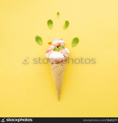 ice cream waffle cone with syrup mint. High resolution photo. ice cream waffle cone with syrup mint. High quality photo